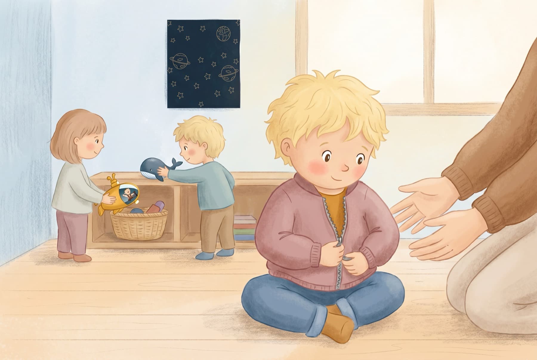Dítě si samo obléká bundu v šatně Little Kids