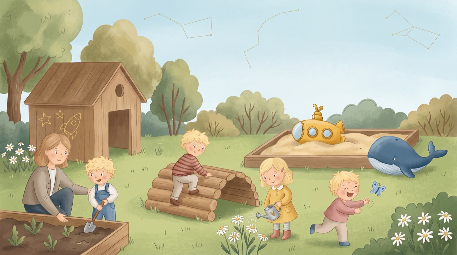 Děti si hrají na zahradě anglické skupinky Little Kids